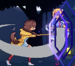 Aki performing an Instant Block against Korone's 5H. You can tell it's a successful IB attempt because the 'barrier' that shows up when blocking is purple.