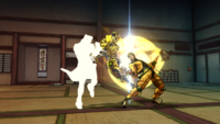 Jotaro (Part 3) performing a Stylish Guard to avoid DIO's "This is... The World!", an otherwise Unblockable attack.
