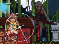 Ayame performing an air tech in the air. While her sprite is darkened, she cannot be touched.